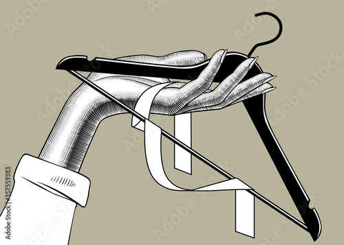 Engraved drawing of a female hand holding a coat hanger with ribbon