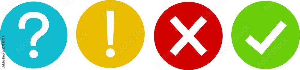 Set of round marks, cross, exclamation and question point, checkmark icons, buttons on white background. Set of round marks, cross, exclamation and question point, checkmark icons, buttons on white background.