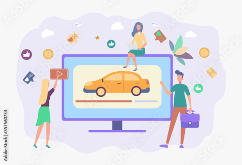 Expert video about quality cars. Customers choose a car by rating video. Auto video review, test drive channel, auto video advertising concept. Colorful vector illustration