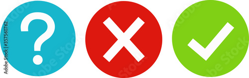 Set of round marks, cross,  question mark, checkmark icons, buttons on white background.