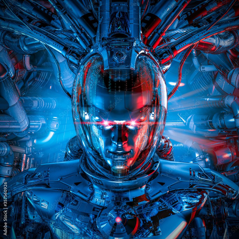 Android mission focus / 3D illustration of science fiction cyberpunk male  humanoid cyborg inside space ship cockpit Иллюстрация Stock | Adobe Stock