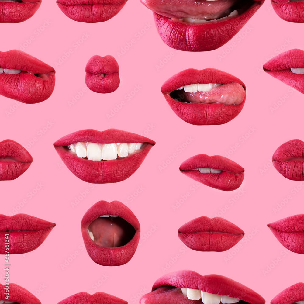 Seamless pattern of seductive beautiful female lips with different