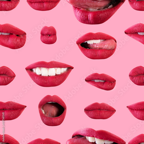 Seamless pattern of seductive beautiful female lips with different emotions. Emotional woman s mouth gestures  collage over pink background. Template for print  textile  box  wallpaper  cover design