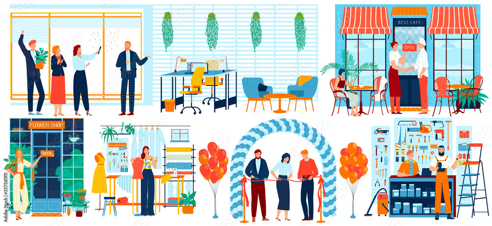 Fototapeta premium People open business vector illustration. Cartoon flat businessman cutting red ribbon at grand opening event, character holding open sign, recruiting and hiring office employee icon isolated on white
