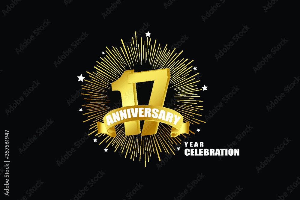 Naklejka premium 17 years anniversary celebration logotype. anniversary logo with golden isolated on black background, vector design for celebration, invitation greeting card-Vector