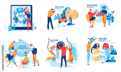 Business online vector illustrations. Cartoon flat businessman character analyzing financial data, people meeting at conference, starting factory online. Mobile business technology isolated on white