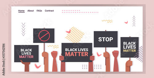 protesters hands holding black lives matter banner awareness campaign against racial discrimination of dark skin color support for equal rights of black people horizontal copy space vector