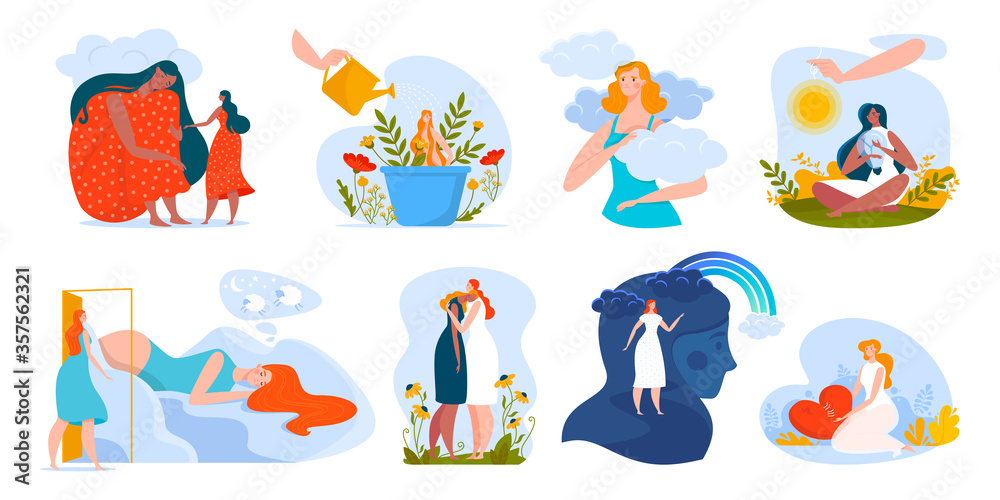 People mental health vector illustration. Cartoon flat woman characters hugging, helping in problems, healthcare emotional psycho therapy, love and mentally care of yourself icon set isolated on white People mental health vector illustration. Cartoon flat woman characters hugging, helping in problems, healthcare emotional psycho therapy, love and mentally care of yourself icon set isolated on white