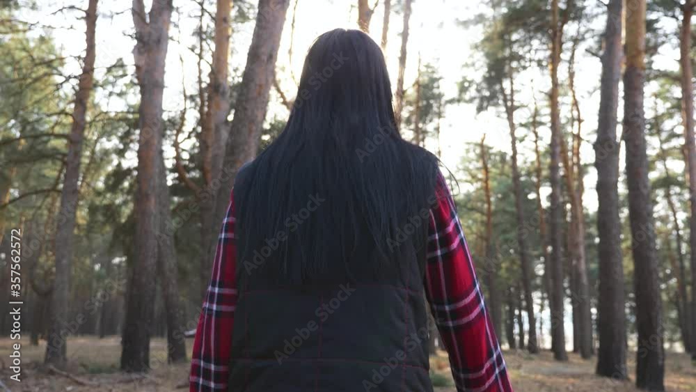 Young brunette woman on a walk. A girl walks in the Park, enjoys the fresh air, beautiful nature. The view from the back Young brunette woman on a walk. A girl walks in the Park, enjoys the fresh air, beautiful nature. The view from the back