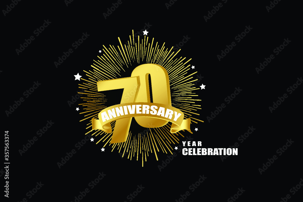 Naklejka premium 70 years anniversary celebration logotype. anniversary logo with golden isolated on black background, vector design for celebration, invitation greeting card-Vector