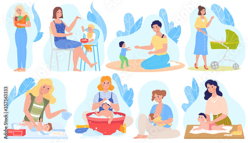 Baby care, breastfeeding vector illustrations. Cartoon flat set with mother character breastfeed, giving newborn baby milk, feeding playing and bathing child. Babyhood and motherhood isolated on white