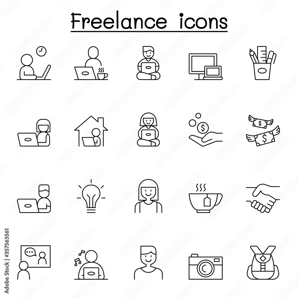 Freelance icons set in thin line style Freelance icons set in thin line style