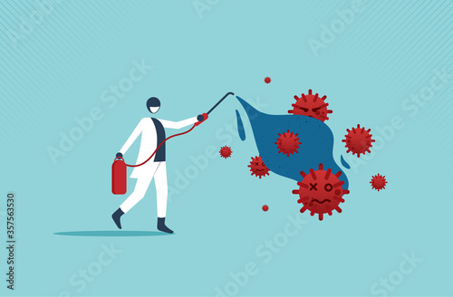 COVID-19 or Coronavirus, disinfect, clean and kill virus pathogen prevent outbreak spreading concept, worker with protective gear spray the cleaning sanitize chemical to disinfect. vector cartoon.