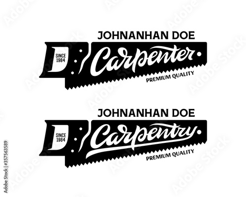 Carpenter carpentry hand drawn logo template. Vector illustration.