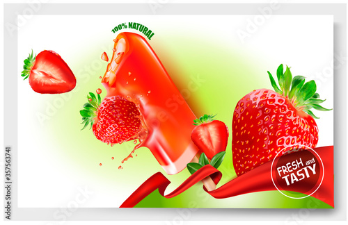 3 d.Strawberry ice cream.Popsicle ice cream on a stick.Slices of Strawberry. Picture for sale of fruit and ice cream. Vector image.