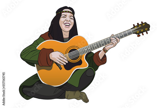 A young smiling hippie girl in a green jacket, gray pants, ribbon on her head, bracelets, baubles, on her hand, squatting and playing the guitar. Vector illustration, isolate on a white background.