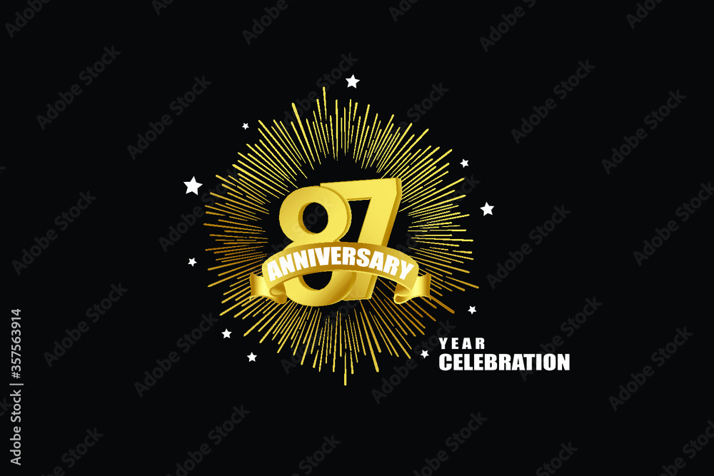 Naklejka premium 87 years anniversary celebration logotype. anniversary logo with golden isolated on black background, vector design for celebration, invitation greeting card-Vector