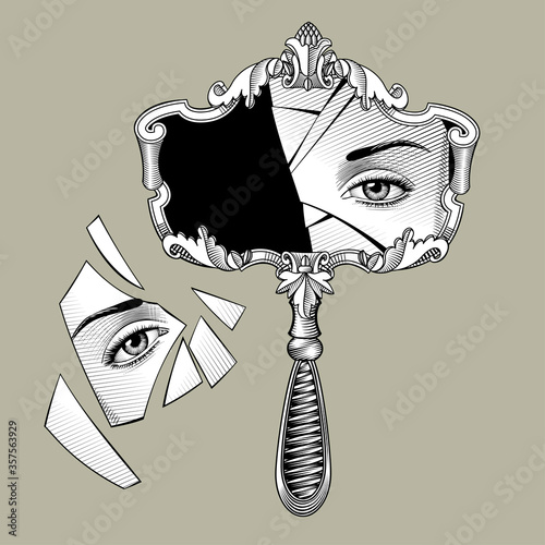 Engraved drawing of a broken retro mirror with eye reflection