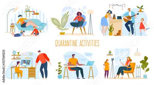 People stay home in quarantine vector illustration set. Cartoon flat woman man or family characters communicate in online social media, mother father and kids staying home together isolated on white © Seahorsevector