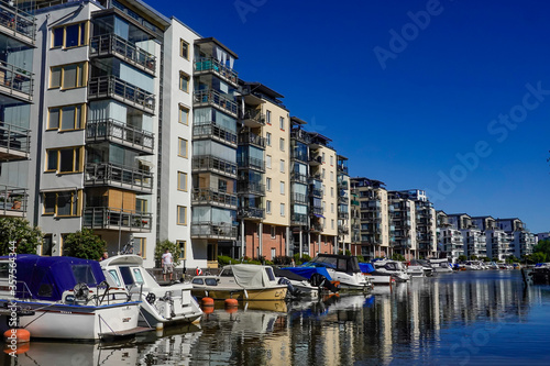 Canvas Print Stockholm, Sweden A canal with pleasure boats in the Sundbyberg suburb