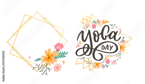 Lettering Yoga. Vector background International Yoga Day. Vector design for poster, T-shirts, bags. Yoga typography. Vector elements for labels, logos, icons, badges.