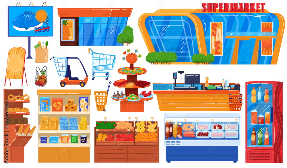 Supermarket grocery store vector illustration set. Cartoon flat hypermarket collection of storefront building, shop shelf and freezer, fresh drink fridge, food cart trolley or basket isolated on white