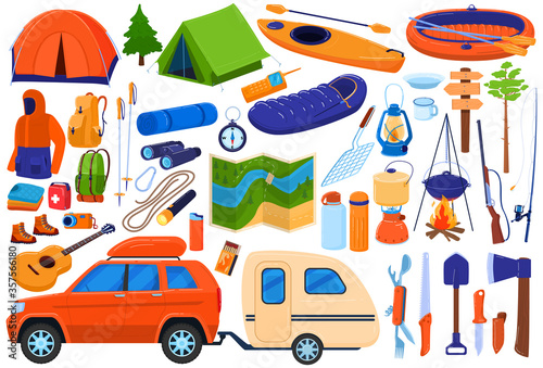 Tourism camp equipment vector illustration set. Cartoon flat travel expedition collection for family tourists hiking, camping or picnic campfire in forest, tent, backpack compass map isolated on white