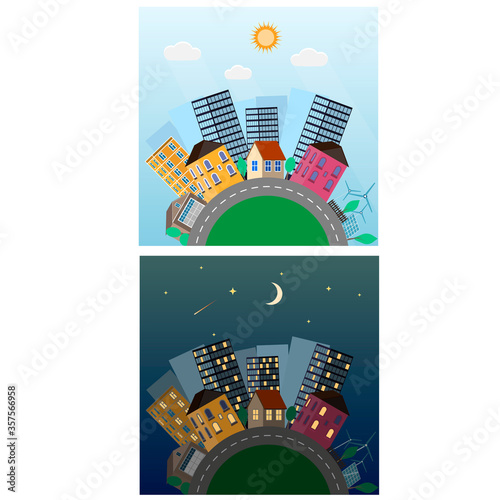 Day night in the city. Urban landscape, vector illustration