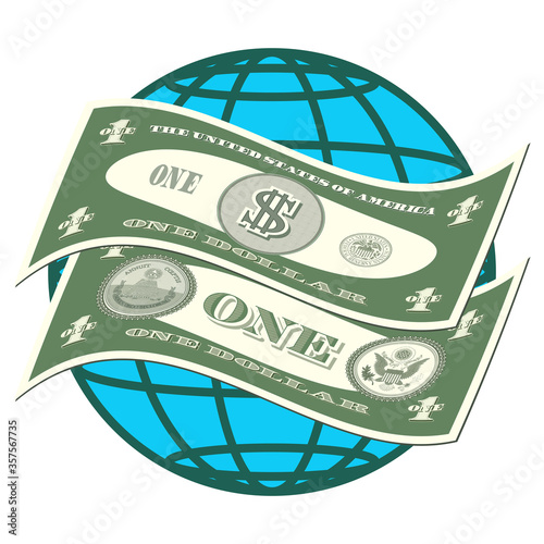 Curved stylistic paper money of the USA with face value of 1 dollar against the background of the globe