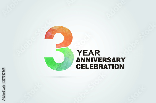 3 year anniversary celebration logotype with watercolor Green and Orange Emboss Style isolated on white background for invitation card, banner or flyer-vector