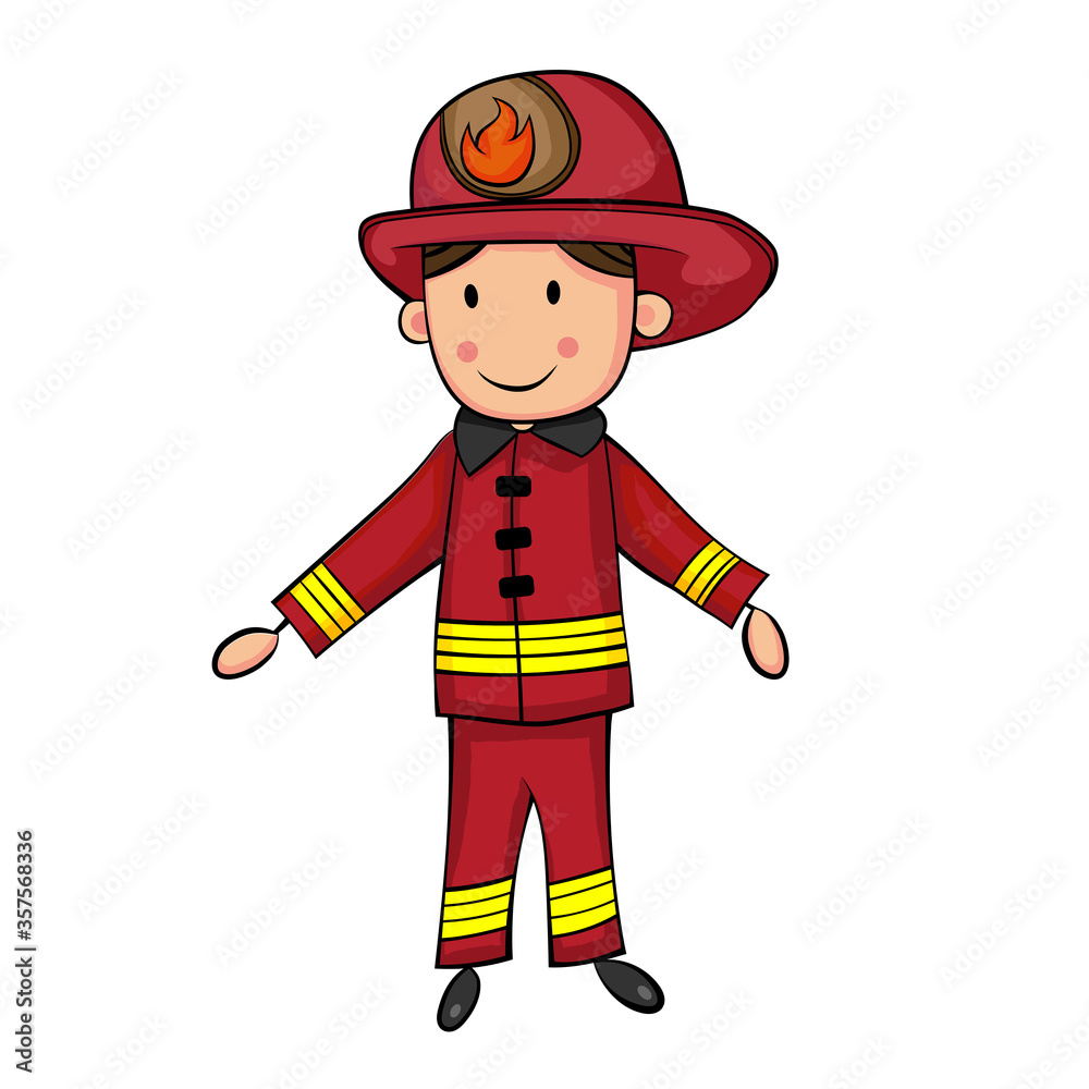 Cute Cartoon Boy in Fireman Costume. With shadow tone. Flat color. Vector EPS 10.