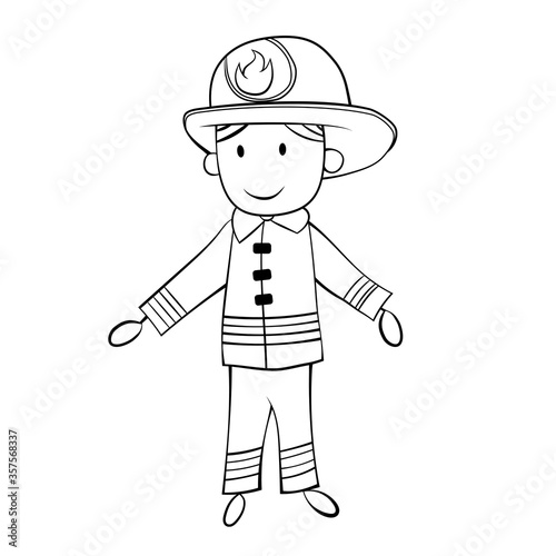 Cute Cartoon Boy in Fireman Costume. Black and White. Vector EPS 10.