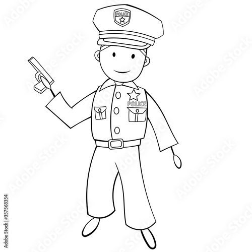 Cute Cartoon Boy in Policeman Costume. Black and White. Vector EPS 10.