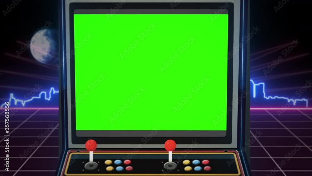 Retro arcade machine with green screen and glowing city skyline in the background - Seamless loop