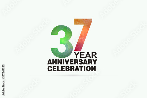 37 year anniversary celebration logotype with watercolor Green and Orange Emboss Style isolated on white background for invitation card, banner or flyer-vector