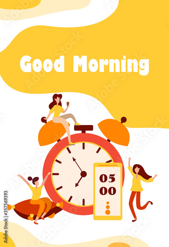 Morning wake up alarm and happy, people characters rejoice at the beginning of a new day. Charging on the pillow and cheerful mood characters in flat style. Vector illustration
