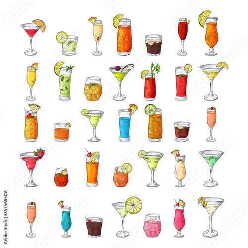 Cocktail drinks set in different glass in hand drawn sketch style. Alcoholic drinks in glasses in vintage drawing vector illustration