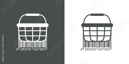 Concepto comercio. Icono plano cesta de la compra con código de barras en fondo gris y fondo blanco 