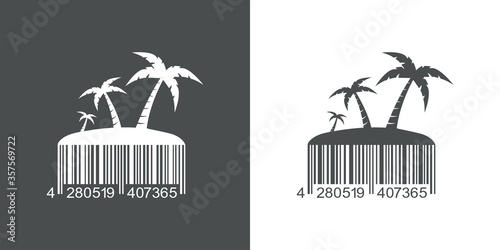 Concepto destino de vacaciones. Icono plano isla con playa y palmeras y código de barras en fondo gris y fondo blanco