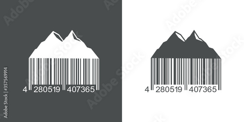 Concepto destino de vacaciones. Icono plano montaña y código de barras en fondo gris y fondo blanco