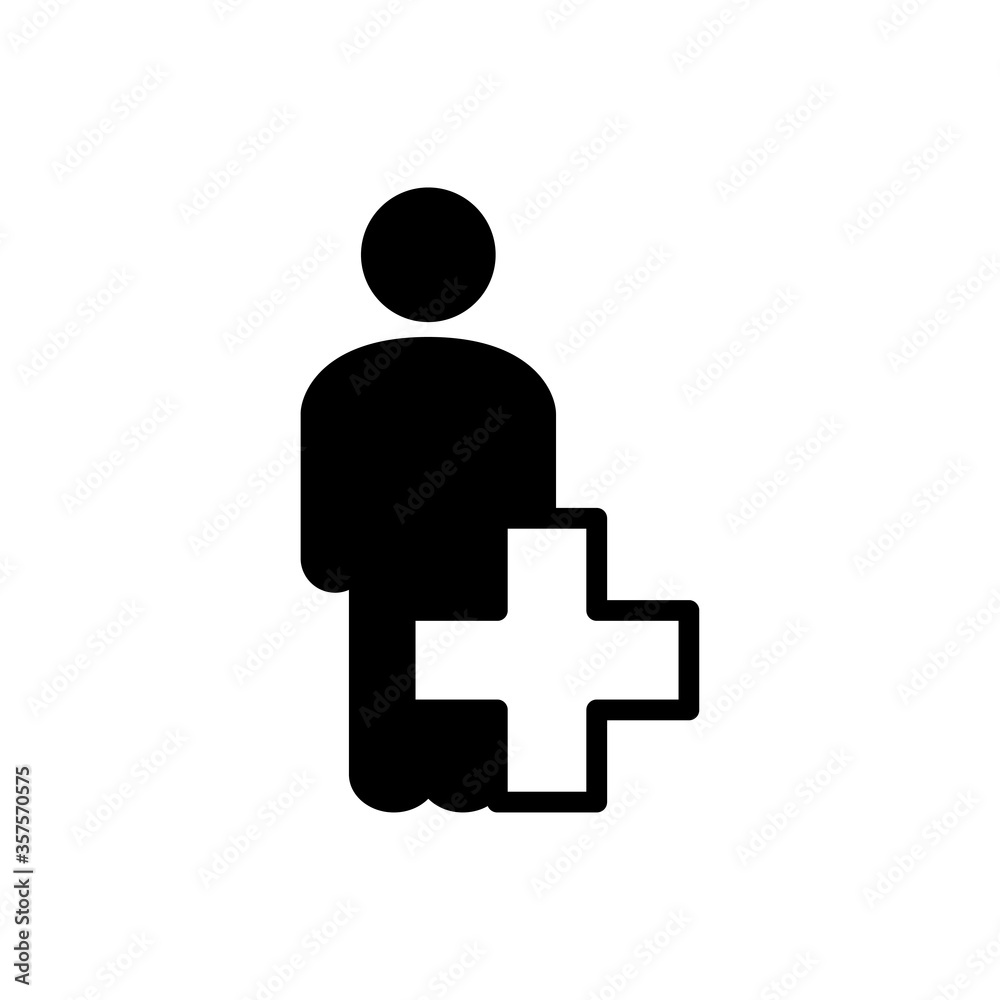 Concepto primeros auxilios. Icono plano hombre de pie con cruz en color negro Concepto primeros auxilios. Icono plano hombre de pie con cruz en color negro