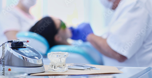 Dental equipment tools dentist medicine on desk photo