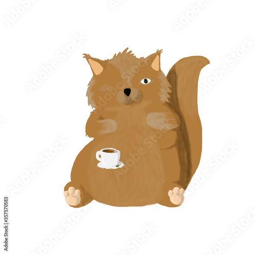raster illustration of a thick English cat having has five o'clock tea.