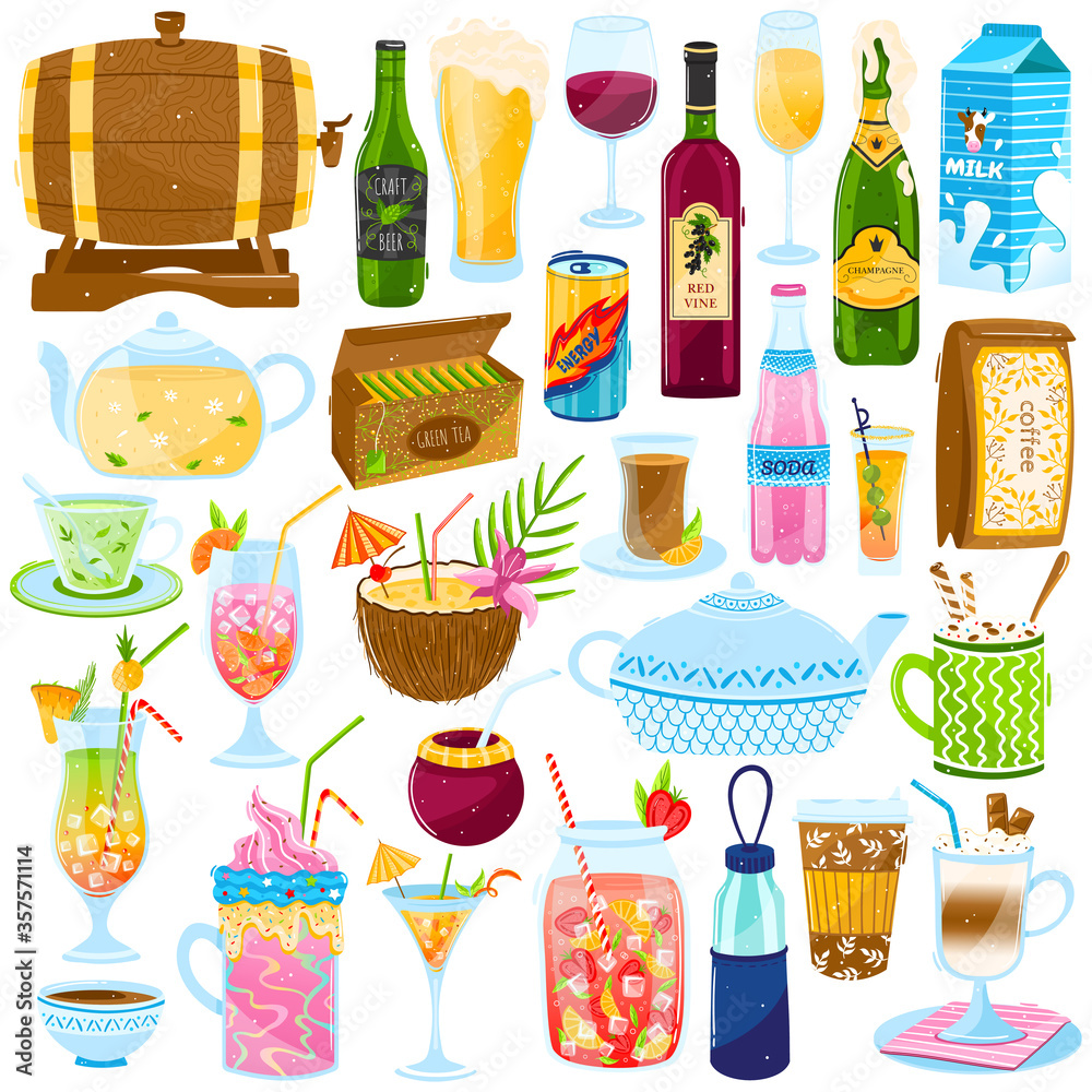 Cartoon drinks vector illustration set. Flat collection with cold or hot beverage cafe bar menu, juice summer tropical cocktail, soda, tea or chocolate cup and teapot. Drinkings icon isolated on white Cartoon drinks vector illustration set. Flat collection with cold or hot beverage cafe bar menu, juice summer tropical cocktail, soda, tea or chocolate cup and teapot. Drinkings icon isolated on white