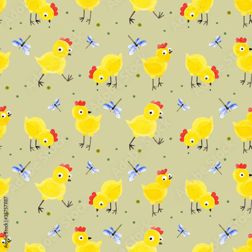 Seamless pattern of chickens and dragonflies. Hand-drawn watercolor texture with birds on a khaki background. Perfect for textiles  prints  packaging  wallpaper  scrapbooking  children s design.