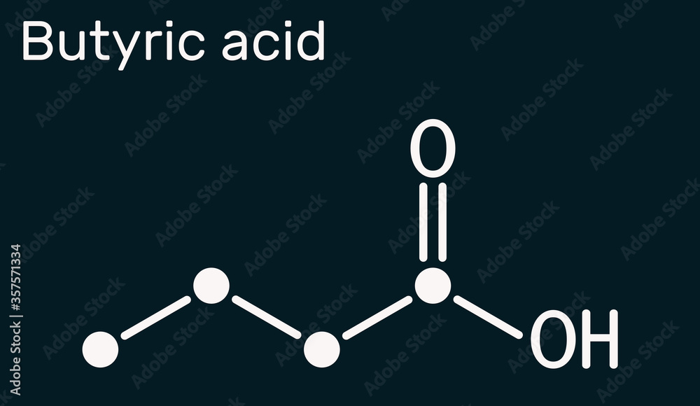 Butyric acid, butanoic acid molecule. Butyrates or butanoates are salts and esters . Skeletal chemical formula on the dark blue background