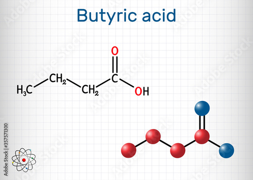 Butyric acid, butanoic acid molecule. Butyrates or butanoates are salts and esters. Sheet of paper in a cage. Structural chemical formula and molecule model
