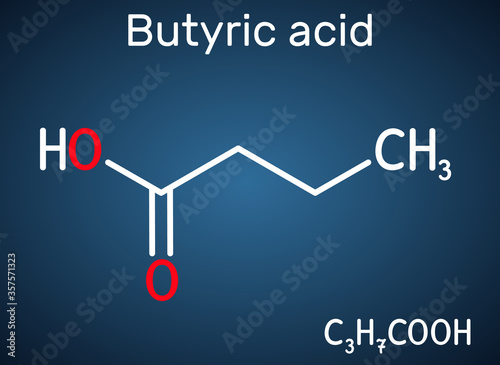 Butyric acid, butanoic acid molecule. Butyrates or butanoates are salts and esters . Structural chemical formula on the dark blue background