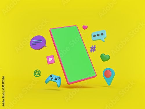 social network Icons with a smartphone. abstract trendy design for social media advertising. modern technology concept. 3d rendering