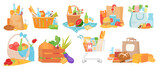 Food basket vector illustration set. Cartoon flat collection with box container, traditional hamper and picnic baskets with fresh bakery, fruits and wine, tasty healthy food icon isolated on white